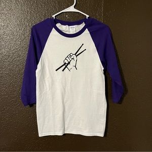 Purple & White Baseball Tee with Drummer Sticks / Pound Sticks, Size XS